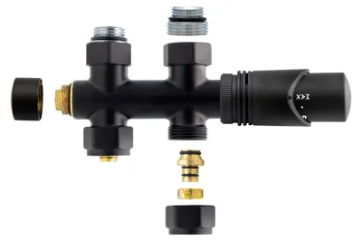Produktbild von Anschlussgarnitur Mittelanschluss Multiblock Durchgang Schwarz Matt 1/2" PEX 16 x 2mm Konus M30