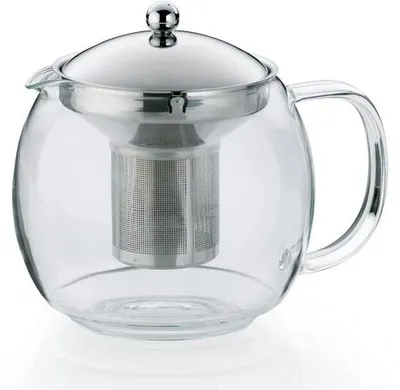Productafbeelding van Uniqoos® glazen theepot van hittebestendig borosilicaatglas met een uitneembaar roestvrijstalen zeefje – geschikt voor losse theebladeren en theezakjes, met een druppelvrije schenktuit