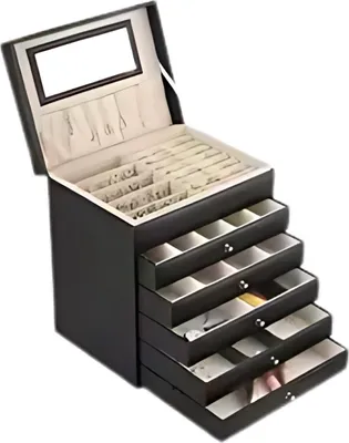 Immagine prodotto di Portagioie da donna - Portagioie a 6 strati - Organizzatore con specchio - Custodia per collane, anelli, bracciali e orologi - Nero