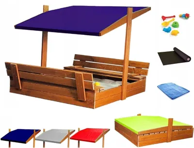Produktbild von Sandkasten aus Holz mit Sitzbank Dach Abdeckung Imprägniert Sandbox Dunkelblau 10774