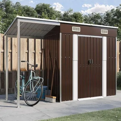Produktbild von Gartenhaus Gartenschrank Wetterfest Geräteschuppen Metall Fahrradgarage Holzlager Metallschrank Outdoor Braun Verzinkter Stahl Kunststoff