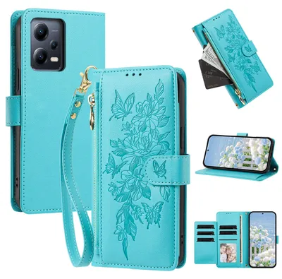 Produktbild von Handyhülle für Xiaomi Poco X5/Redmi Note 12 5G, Wallet Case Kunstleder mit Kartenfächern, Reißverschluss und Handschlaufe Blau