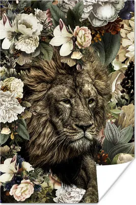 Produktbild von MuchoWow® Poster Löwe - Blumen - Farben 40x60 cm - Plakate für die Wand - Poster Babyzimmer