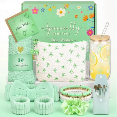 Immagine prodotto di Set regalo per ragazze adolescenti, colore verde, contenente: braccialetto, calzini, biglietto di auguri, pennelli da trucco, borsetta per cosmetici, fascia per capelli, bicchiere