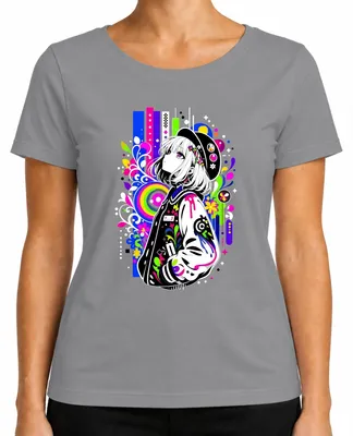 Zdjęcie produktu dla Koszulka damska z nadrukiem "Anime Girl", styl neonowy, pop art, manga, otaku, Japonia, lata 2000, japoński motyw "waifu", kolor: szary, rozmiar: S