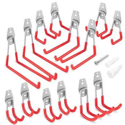 Image de 14 crochets muraux pour garage, crochets doubles à forte résistance, 5 tailles (formes : U, J), rouge