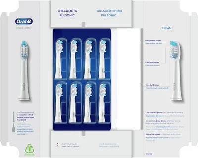 The image shows the packaging of Oral-B Pulsonic Clean toothbrush heads.