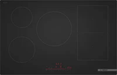 A top-down view of a black induction cooktop with four cooking zones and a digital control panel.