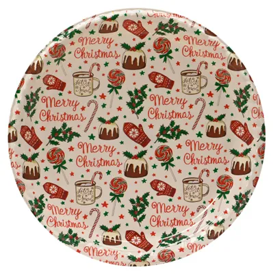 Ein runder Weihnachtsteller mit festlichen Mustern und Zuckerstangen in einer leicht schrägen Perspektive vor weißem Hintergrund.