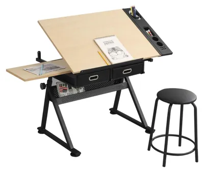 Immagine prodotto di Set tavolo da disegno Zimilo con sgabello, regolabile in altezza da 69 a 91 cm, piano inclinabile da 0 a 75°, 2 cassetti, per ufficio, scuola e hobby