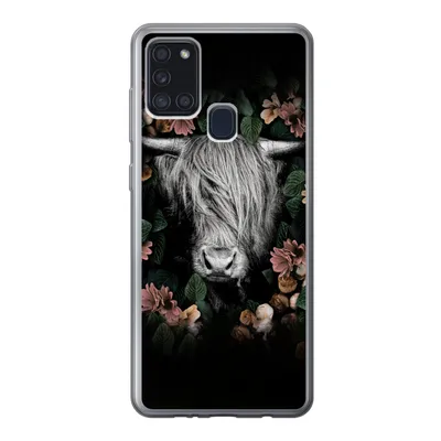 Produktbild von MuchoWow® Handyhülle Schutzhülle Hülle für Samsung Galaxy A21s Schottischer Highlander - Blumen - Rosa Silikon Softcase Handy Hülle - Hartschale