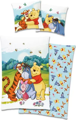 A collage of Winnie the Pooh themed bedding items, including pillowcases and a duvet cover, featuring characters like Winnie the Pooh, Tigger, Eeyore, and Piglet in a pastoral setting.