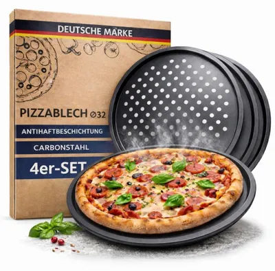 Produktbild von Pizzablech 32 cm gelocht 4er Set, Pizza Backblech rund Antihaft Kohlenstoffstahl für knusprigen Boden, Flammkuchen Blech Backofen