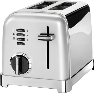 A silver two-slice toaster with black accents is shown from a slightly elevated front-left angle against a white background.
