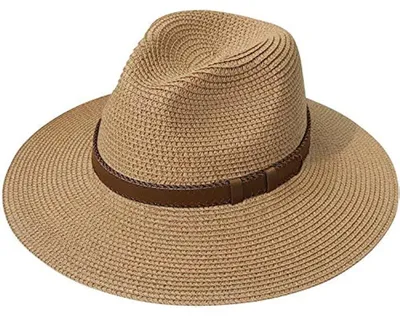 Produktbild von Damen Panama Hut Breiter Krempe Stroh Sommer Fedora Rollbar UV Sonnenhut UPF 50+ Khaki