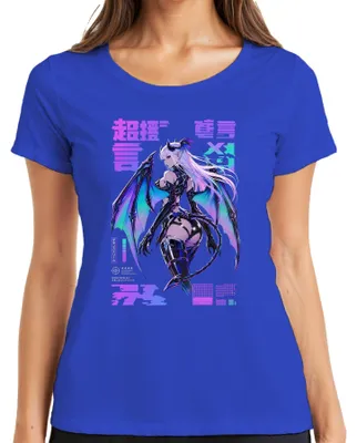 Zdjęcie produktu dla Koszulka damska z motywem cyberpunkowym, anime, demonem, sukubusem, efektem glitch, manga, Japonia, styl Y2K, dla fanów anime, kolor niebieski, rozmiar XL