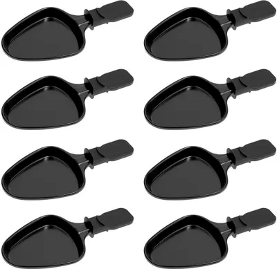 A set of eight black raclette pans arranged in a grid on a white background.