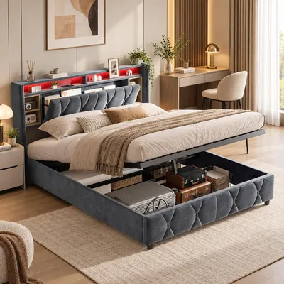 Immagine prodotto di Letto imbottito INONEFT, 160x200 cm, con LED e USB, contenitore con sistema idraulico, letto matrimoniale per ragazzi con testiera imbottita e spazio contenitivo, in velluto, colore grigio, Immagine generata dall'IA