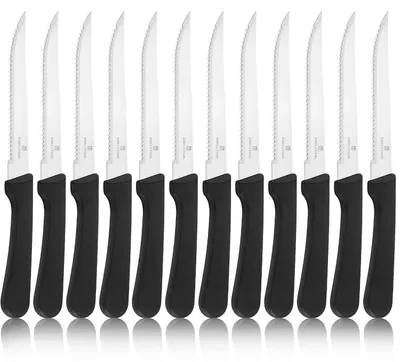 Obrázek produktu pro Sada 12 nožů na steak, vroubkované, z nerezové oceli, vhodné do myčky, barva černá