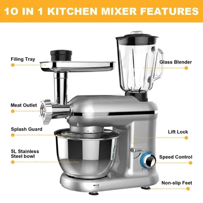 Produktbild von Küchenmaschine - Standmixer 1900 W - 6 l Edelstahlschüssel - 6 Geschwindigkeiten - Mixer & Fleischwolf - Knethaken Schneebesen Rührer - Silber