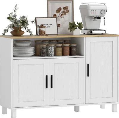 Image de HOMCOM Buffet, meuble de rangement avec 3 portes à fermeture amortie, compartiment ouvert et étagères réglables, style moderne, buffet salle à manger, cuisine et salon, 110 x 33 x 75 cm, blanc