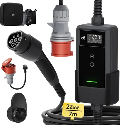 Obrázok produktu pre Prenosná nabíjačka EV, max. výkon 22 kW, nastaviteľný prúd, 7 m základňa, TYP2