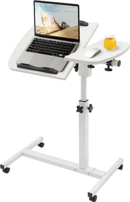 Obrázok produktu pre Stôl na notebook – výškovo nastaviteľný stôl na kolieskach – výška 60–95 cm – obdĺžniková doska z MDF – s kolieskami – vyžaduje montáž – biela farba