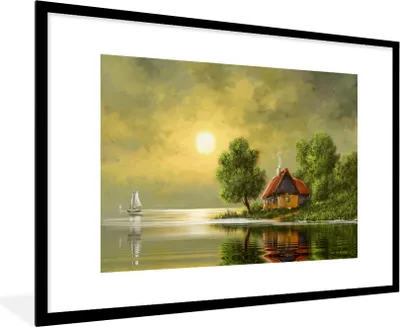 Produktbild von MuchoWow® Gerahmtes Poster Gemälde - Ölfarbe - Haus - Natur - Wasser 90x60 cm - Poster mit Schwarzem Bilderrahmen Wandposter Rahmen Foto Bilder - Wanddekoration - Fotos