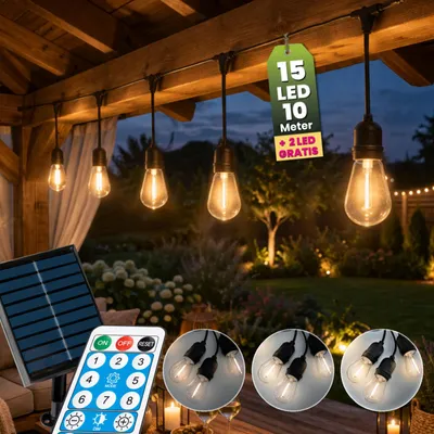 Produktbild von LUMILED Solar Lichterkette für Außen 10M S14 15x LED + 2 Ersatzbirnen, mit Fernbedienung, Warmweiß 2700K IP65 Wasserdicht 8 Leuchtmodi Dimmbar Solarlichterkette Solarlampe Garten Außenlichterkette Outdoor