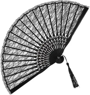 Produktbild von Spanischer Faltfächer aus Spitze – Eleganter Handfächer für Damen mit Blumenstickerei & Quaste (Schwarz, 23 cm) – Ideal für Hochzeiten & Accessoires