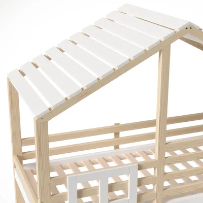 Produktbild von Flieks Etagenbett 90x200cm mit Schließfächer, Kinderbett Hausbett mit Rausfallschutz und Lattenrost, Hochbett Einzelbett mit Treppe, Naturbelassen