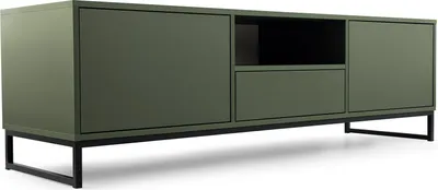 A green TV cabinet with black legs is shown against a white background.