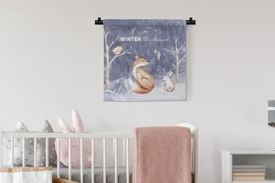 Produktbild von MuchoWow® Wandteppich Wandbehang Winter - Schnee - Fuchs 60x60 cm Tapisserie Dekoration Wandtuch - Dekorationen - Wand Decke