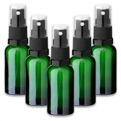Produktbild von 5x Grüne Glasflasche 30 ml mit schwarzem Zerstäuber Sprühkopf 18/415