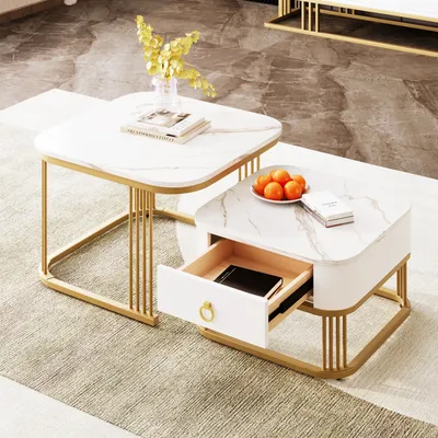 Produktbild von okwish Couchtisch 2er-Set, Satztisch Beistelltisch mit goldene Metallrahmen für Schlafzimmer Balkon, Satztische Quadratischer fürs Wohnzimmer, Wohnzimmertisch mit Weiß Marmor Optik und Glasplatte,Weiß