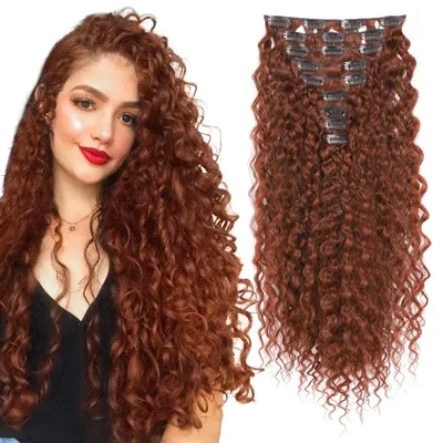 Obrázok produktu pre Clip-in vlasové extensiony, kučeravé, 9 kusov, 56 cm, medená farba, syntetické