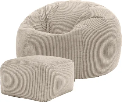 Produktbild von icon Klassischer Sitzsack Bean Bag mit Hocker, Cord Kuschelstuhl Sitzsäcke Für Das Wohnzimmer, Beige - Hergestellt in Deutschland