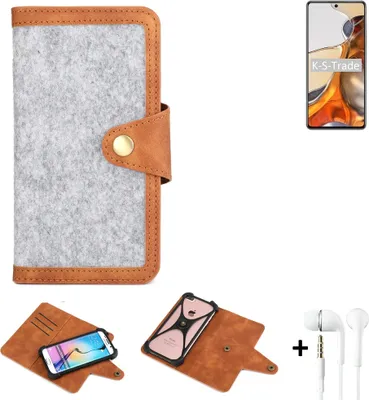 Produktbild von K-S-Trade Handyhülle + Kopfhörer kompatibel mit Xiaomi 11T Schutzhülle Filz Hülle Kunstleder hellgrau braun (1x)