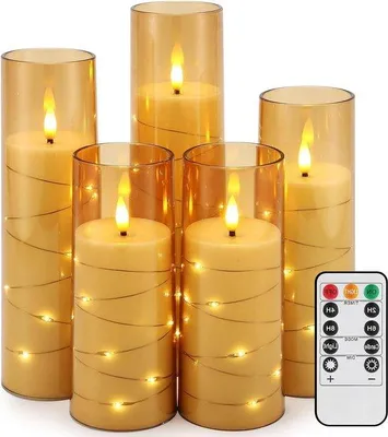 Obrázok produktu pre LED sviečky s pohyblivým plameňom – sada 5 blikajúcich sviečok s časovačom a diaľkovým ovládaním – realistický LED plameň – 10 tlačidiel