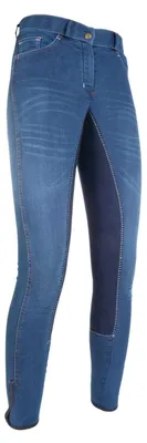 Productafbeelding van HKM 3078 Zomerbroek voor paardrijden, denim, meisjes/dames, 3/4 pijplengte, met details, maten 128-46, 72-84