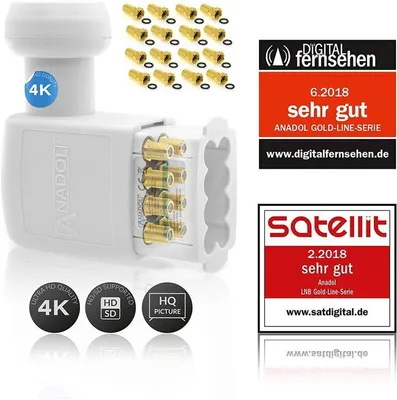 Produktbild von Anadol Gold Line OCTO LNB 4K LNC 8 Teilnehmer 0.1dB Direkt 8fach FULL HD TV 3D 4K + Kontakte vergoldet + Wetterschutz (ausziehbar) im SET mit 16 F-Stecker vergoldet GRATIS