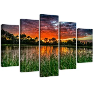 Produktbild von 5-teiliges leinwandbild himmel bei sonnenuntergang 200x100 cm Feeby grün wandbild bereit zum aufhängen