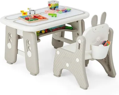 Produktbild von Kindertisch mit Stuhl, Kindersitzgruppe mit Stauraum, Kinder Tisch höhenverstellbar mit aufklappbarem Bücherregal & magnetischem Zeichenbrett, Maltisch für Kinder ab 1 Jahr