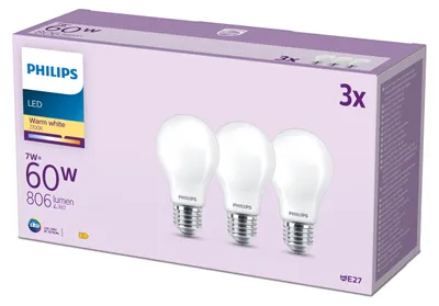 Obrázek produktu pro Philips Matná žárovka s tradičním vzhledem 60 W, A60 3× E27, 7 W, 60 W, E27, 806 lm, 15000 h, Teplá bílá