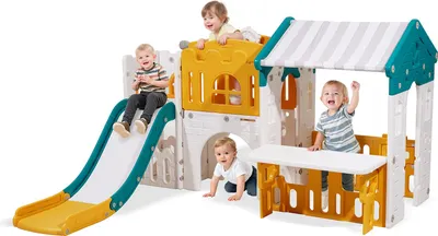 Image de VEVOR Maison de jeux d'extérieur Maison de jardin d'extérieur Cottage (toboggan/basket/télescope/volant/tunnel pour ramper/fenêtre de vente) Maison de jeux pour jeunes enfants à partir de 1 an en plastique HDPE Maison pour enfants