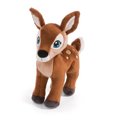 A plush toy deer standing on a white background.