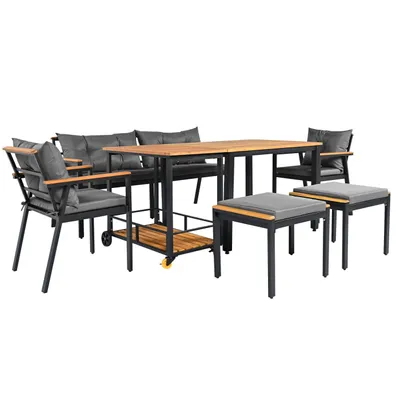 Produktbild von Esstisch- und Stuhlset aus Akazienholz,Gartenmöbel,Garten-Lounge-Set mit Sesseln und abnehmbarem Esswagen, abnehmbarer und waschbarer Stoffbezug
