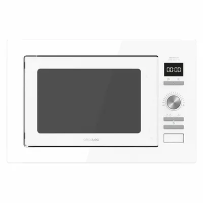 A white built-in microwave oven is shown from the front against a white background.