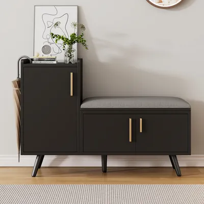 Produktbild von Merax Schuhbank gepolstert Schuhregal mit Sitzbank und Kommode, Schuhbank mit Sitzkissen und Metallgriffen, 100×34×69 cm, Walnuss