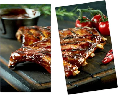Produktbild von Spritzschutz Herdabdeckplatte Schneidebrett aus Glas Rippchen gegrillt 2-Teilig (60x52cm)